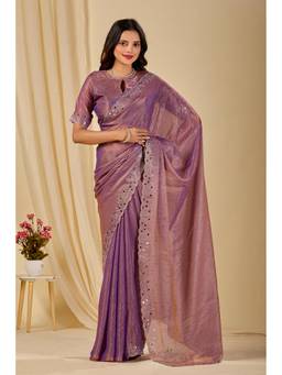Nyri - Womens Lavender Embroidery Satin Mirror Work Party Wear Saree