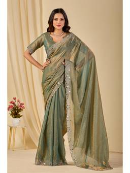 Nyri - Womens Green Embroidery Satin Mirror Work Party Wear Saree
