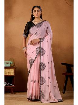 Nyri - Womens Pink Lace Border Embroidery Satin Party Wear Saree