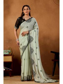 Nyri - Womens Green Lace Border Embroidery Satin Party Wear Saree