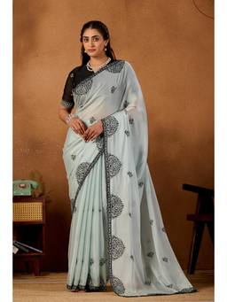 Nyri - Womens Blue Lace Border Embroidery Satin Party Wear Saree