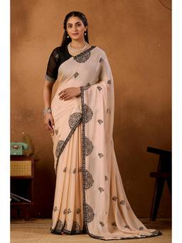 Nyri - Womens Peach Lace Border Embroidery Satin Party Wear Saree