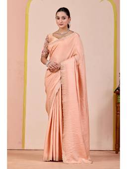 Nyri - Womens Orange Lace Border Embroidery Satin Party Wear Saree