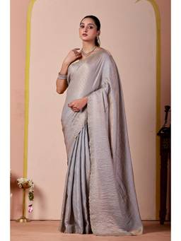 Nyri - Womens Grey Lace Border Embroidery Satin Party Wear Saree