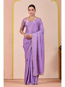 Nyri - Womens Lavender Lace Border Embroidery Satin Party Wear Saree