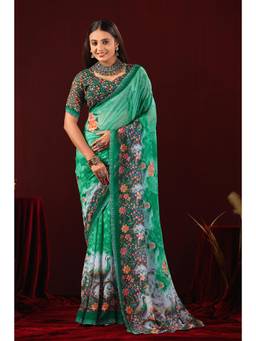 Nyri - Womens Green Floral Lace Border Georgette Party Wear Saree