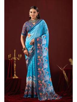 Nyri - Womens Blue Floral Lace Border Georgette Party Wear Saree
