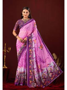 Nyri - Womens Wine Floral Lace Border Georgette Party Wear Saree
