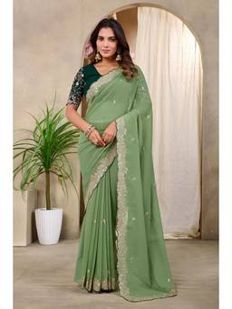 Nyri - Womens Green Embroidery Lace Border Georgette Party Wear Saree