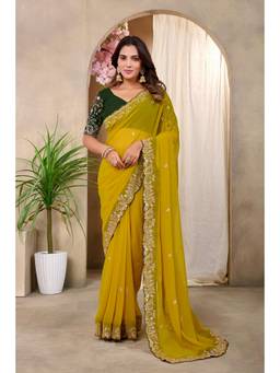 Nyri - Womens Yellow Embroidery Lace Border Georgette Party Wear Saree