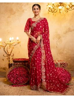 Nyri - Bandhani Printed Dark Red Georgette Saree