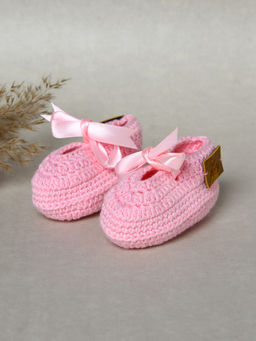 FUNKRAFTS - Pink Cute Bow Design Handmade Baby Crochet Booties (6-12 Months)