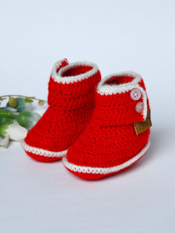 FUNKRAFTS - Red Woollen Crochet Handmade Baby Booties (6-12 Months)