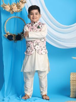 Vastramay - Boys Pink & Cream Jacket With Kurta & Pyjama (Set of 3)