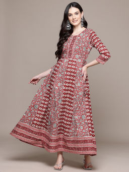 Readiprint - Anarkali Style Cotton Fabric Maroon Color Maxi Dress