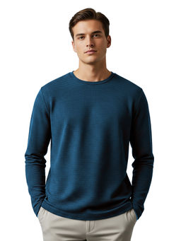 Nobero - Men Textured Full Sleeves T-Shirt Blue