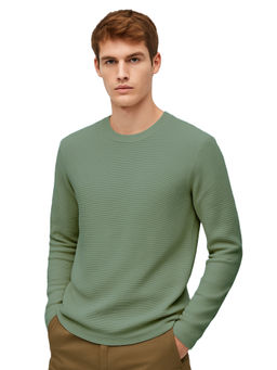 Nobero - Men Textured Full Sleeves T-Shirt Green