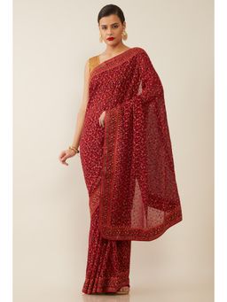 Soch - Women Maroon Embroidered Saree with Stitched Blouse