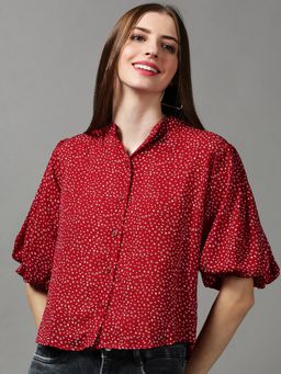 SHOWOFFFF - Women's Puff Sleeves Abstract Maroon Blouson Top