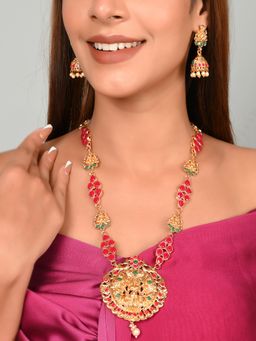 Shoshaa - Gold-Plated Handcrafted Red Stone Studded Temple Jewellery Set