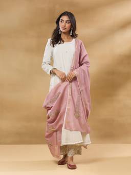 Fabindia - Mauve Cotton Silk Blend Metallic Embroideries Dupatta