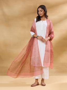 Fabindia - Brown Cotton Silk Hand Block Printed Dupatta