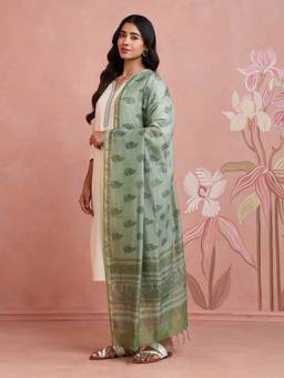 Fabindia - Green Cotton Silk Blend Hand Block Printed Dupatta