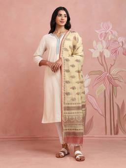 Fabindia - Beige Cotton Silk Blend Hand Block Printed Dupatta