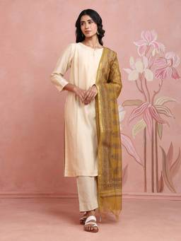 Fabindia - Mustard Cotton Silk Blend Hand Block Printed Dupatta