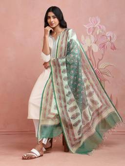 Fabindia - Multi-Color Cotton Silk Blend Hand Block Printed Dupatta