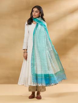 Fabindia - Aqua Silk Blend Hand Block Printed Dupatta