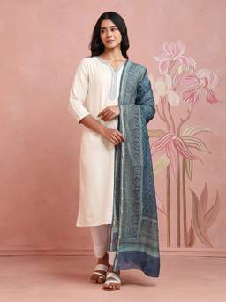 Fabindia - Blue Cotton Silk Blend Hand Block Printed Dupatta