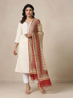 Fabindia - Beige Cotton Silk Blend Hand Block Printed Dupatta