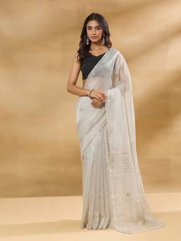 Fabindia - Ivory Cotton Silk Blend Metallic Embroideries Sari