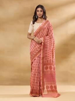 Fabindia - Pink Cotton Silk Blend Hand Block Printed Sari