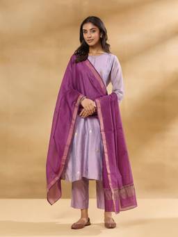 Fabindia - Purple Cotton Silk Blend Metallic Embroideries Dupatta
