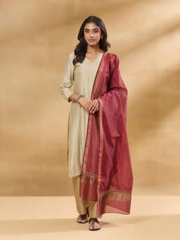 Fabindia - Maroon Cotton Silk Blend Metallic Embroideries Dupatta