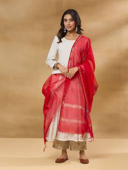 Fabindia - Red Cotton Silk Blend Maheshwari Dupatta