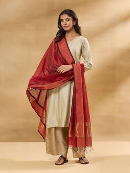 Fabindia - Maroon Cotton Silk Blend Maheshwari Dupatta