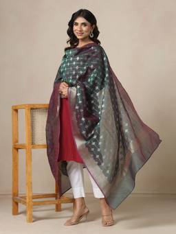 Fabindia - Green Cotton Silk Blend Woven Buti Dupatta