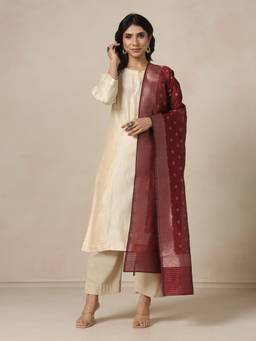 Fabindia - Red Cotton Silk Blend Woven Buti Dupatta