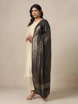 Fabindia - Black Cotton Silk Blend Woven Buti Dupatta