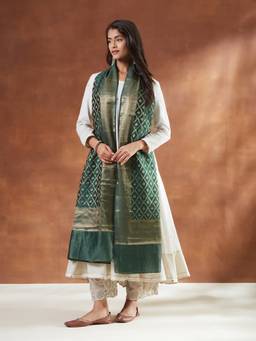 Fabindia - Green Cotton Silk Blend Woven Buti Dupatta