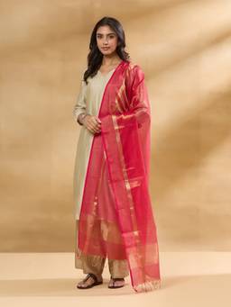 Fabindia - Pink Cotton Silk Blend Maheshwari Dupatta