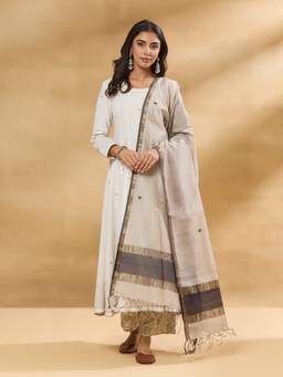 Fabindia - Grey Cotton Silk Blend Maheshwari Dupatta