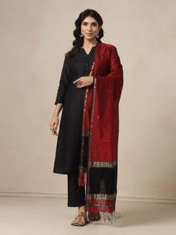 Fabindia - Maroon Cotton Silk Blend Maheshwari Dupatta