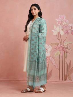 Fabindia - Turquoise Cotton Silk Blend Hand Block Printed Dupatta