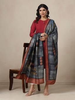 Fabindia - Grey Silk Hand Block Printed Dupatta