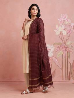 Fabindia - Maroon Silk Blend Woven Checks Dupatta