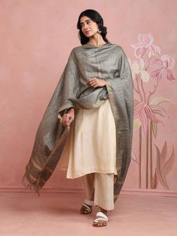 Fabindia - Grey Silk Blend Woven Checks Dupatta